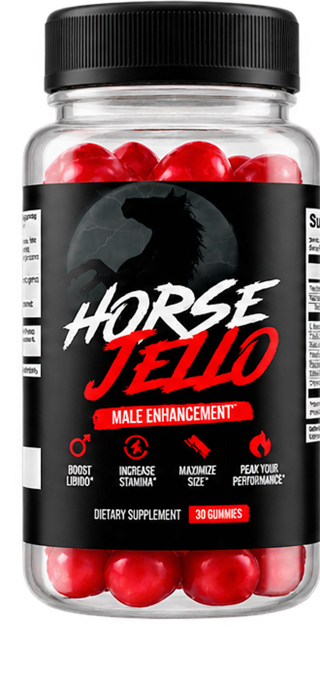 HorseJello male enhancement gummies bottle — 30 red gummies, Boost Libido, Increase Stamina, Maximize Size, Peak Your Performance
